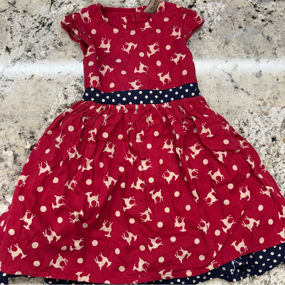 Frugi Girls Kids Dress Deer‎ Red Navy Polka Dots Size 3-4 Lined Bow Organic